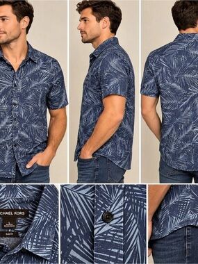 Michael Kors Men's Palm Leaf Print Slim Fit Short Sleeve Shirt Blue & White
